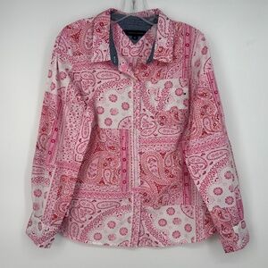 Tommy Hilfiger Womens Large Button Front Shirt Pink Paisley Bandana Long Sleeves